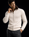 Ribbed Beige Wool Zip Cardigan