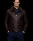 Chocolate Brown Shearling-Collar Leather Jacket