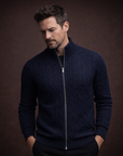 Navy knit cotton zip bomber