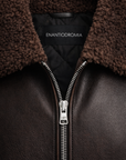 Chocolate Brown Shearling-Collar Leather Jacket