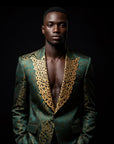Green & Gold Silk Regal Jacquard Embroidery Blazer By Enantiodromia