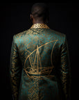 Green & Gold Silk Regal Jacquard Embroidery Blazer By Enantiodromia