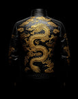 Black & Gold Dragon Embridery Leather Jacket By Enantiodromia