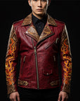 Red Python Embroidered Leather Biker Jacket