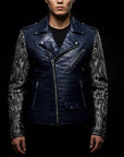 Navy Blue & Silver Crocodile Biker Jacket