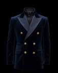Navy Blue Velvet Embroidered Double-Breasted Blazer By Enantidromia