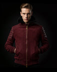 Burgundy Suede Embroidered Panther Bomber Jacket