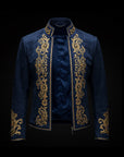 Dark Blue Regal Crest Embroidery Suede Jacket