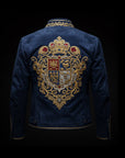Dark Blue Regal Crest Embroidery Suede Jacket By Enantiodromia