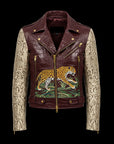 Dark Red & Beige Crocodile Python Biker Jacket