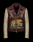 Dark Red & Beige Crocodile Python Biker Jacket By Enantiodromia