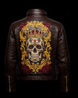 Brown Crocodile-Embossed Leather Skull Embroidered Bomber Jacket