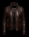 Brown Crocodile-Embossed Leather Skull Embroidered Bomber Jacket