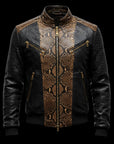 Black & Brown Python-Print Leather Bomber Jacket
