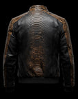 Black & Brown Python-Print Leather Bomber Jacket