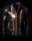 Black and Gold Python-Print Leather Bomber Jacket