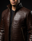 Brown Crocodile-Embossed Leather Skull Embroidered Bomber Jacket