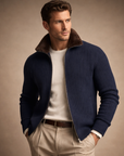 Ribbed Navy Wool Zip Cardigan