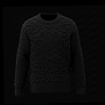 Black Ribbed Crewneck Tapestry Wool Sweater