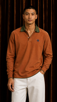 Contrast Collar Long Sleeve Polo Shirt
