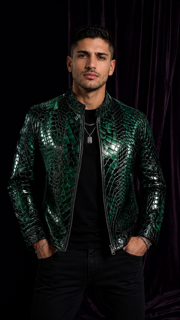 Green & Black Python Bomber Jacket