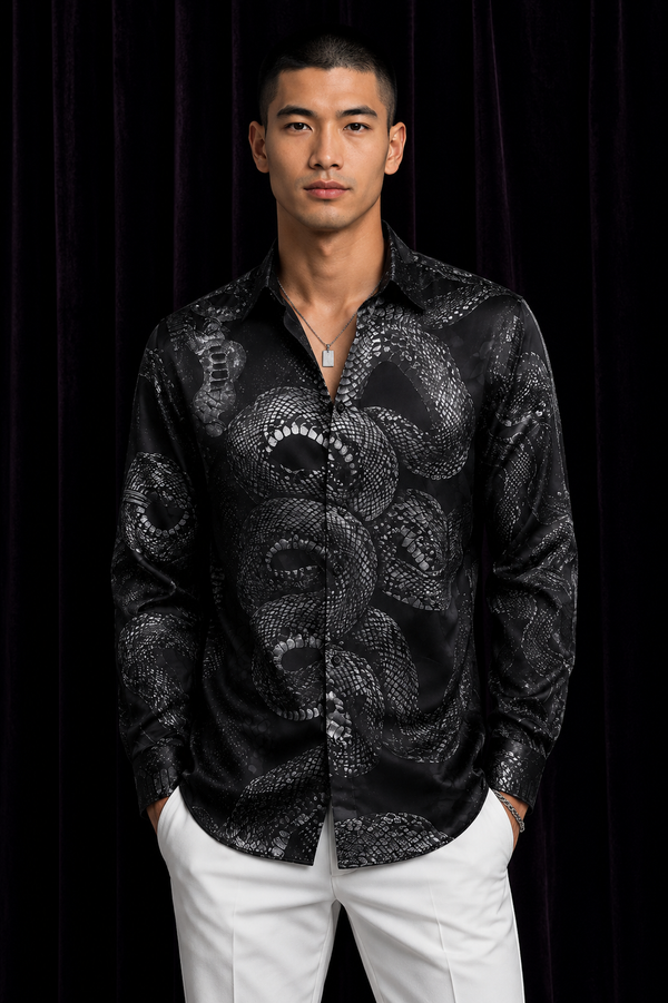 Black Satin Snake Dress Shirt