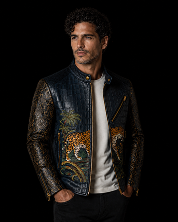 Dark Blue & Brown Crocodile Python Biker Jacket – Enantiodromia
