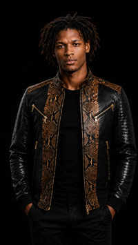 Black & Brown Python-Print Leather Bomber Jacket