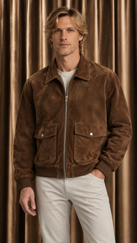 Suede-Texture Full-Zip Utility Pocket Bomber Jacket