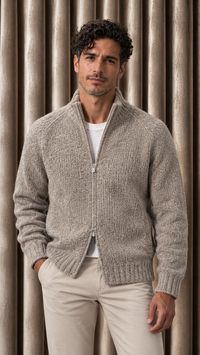 Wool Camel Hair Full-Zip Stand Collar Knit Cardigan