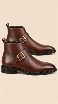 Monk Strap Buckle Pointed Toe Ankle Boots Low Block Heel