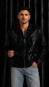 Embellished Croc-Texture Moto Jacket