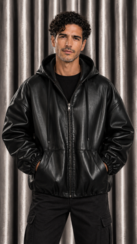 Leather Look Hooded Zip Jacket Featuring Drawstrings and Front Pockets