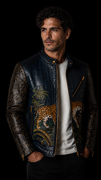 Dark Blue & Brown Crocodile Python Biker Jacket