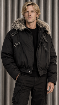 Padded Winter Bomber Jacket Featuring Trimmed Hood and Buckle Details