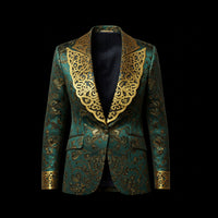 Green & Gold Silk Regal Jacquard Embroidery Blazer By Enantiodromia