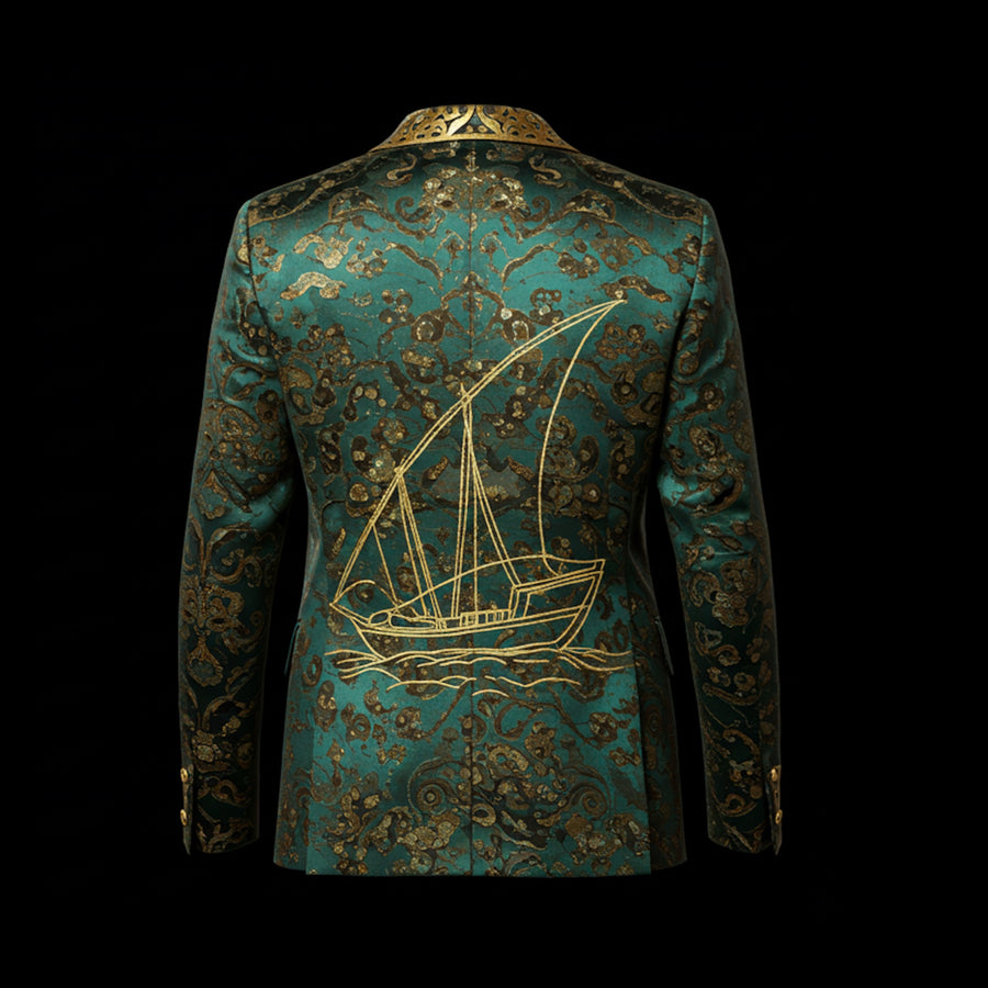 Green & Gold Silk Regal Jacquard Embroidery Blazer