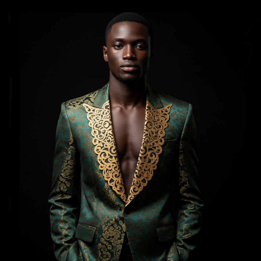 Green & Gold Silk Regal Jacquard Embroidery Blazer
