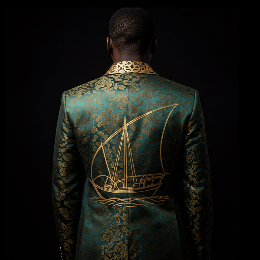 Green & Gold Silk Regal Jacquard Embroidery Blazer