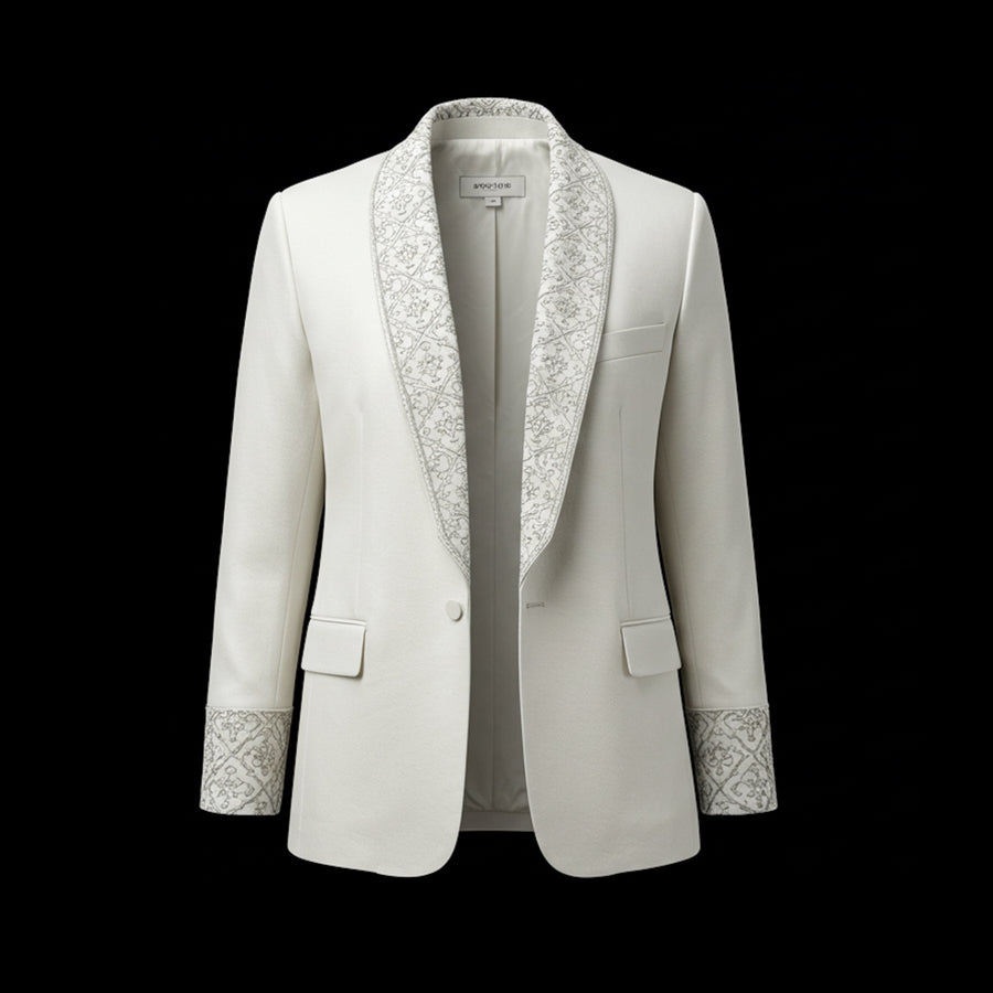 White Silk Embroidery Ivory Blazer