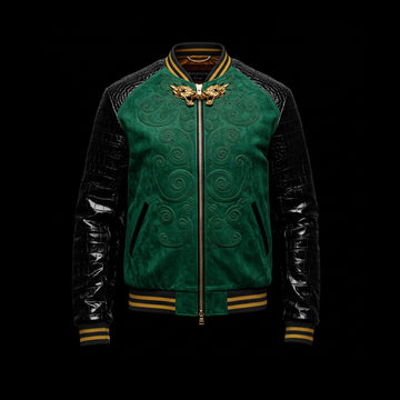 Emerald Green Suede & Crocodile Leather Bomber Jacket