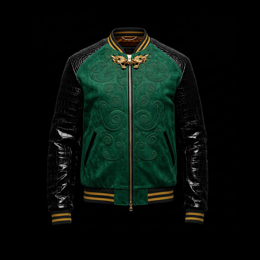 Emerald Green Suede & Crocodile Leather Bomber Jacket