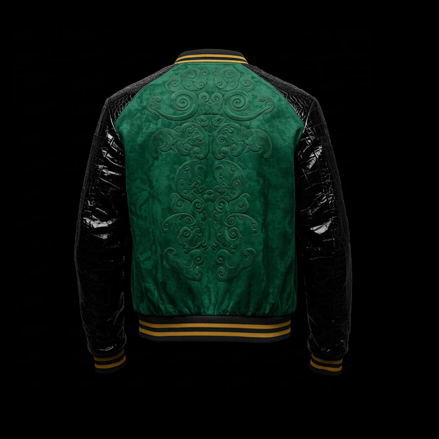 Emerald Green Suede & Crocodile Leather Bomber Jacket
