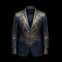 Blue & Gold Leather Embroidery Blazer By Enantiodromia