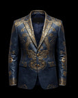 Blue & Gold Leather Embroidery Blazer By Enantiodromia