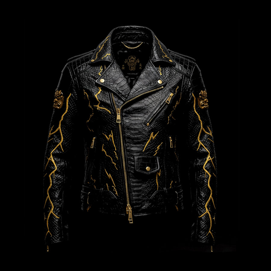 Black & Gold Storm Emperor Crocodile Biker Jacket