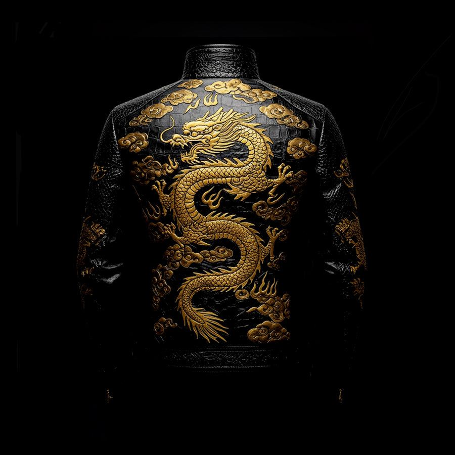 Black & Gold Storm Emperor Crocodile Biker Jacket