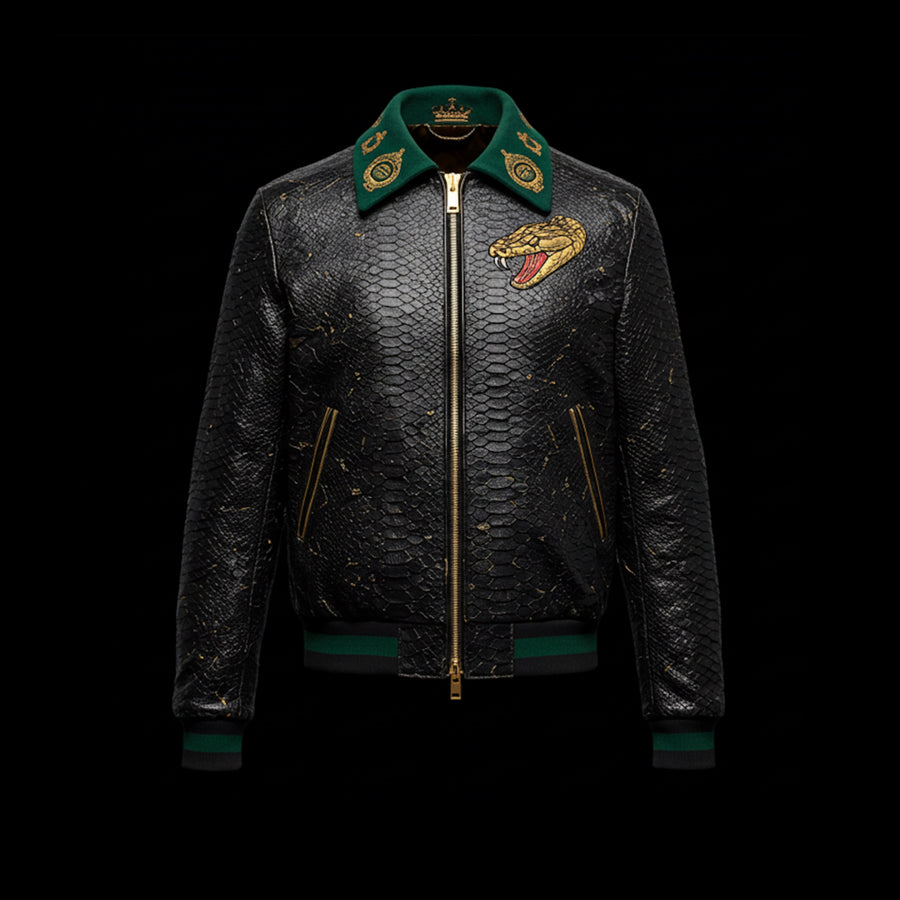 Black & Green Python Embroidery Bomber