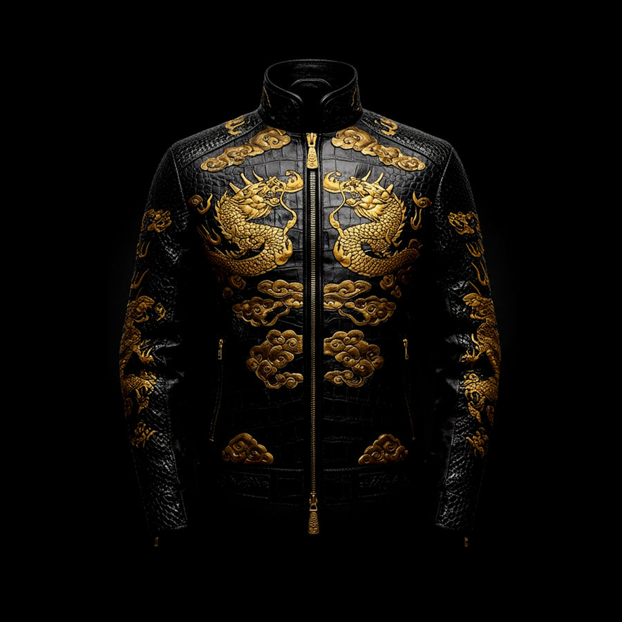Black & Gold Dragon Embridery Leather Jacket