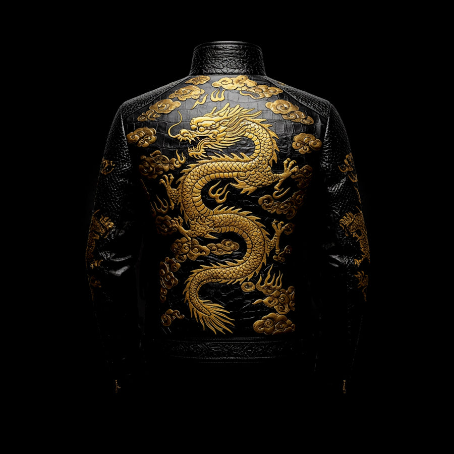 Black & Gold Dragon Embridery Leather Jacket